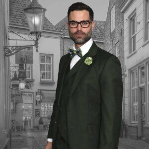 Mens 2 Button Fit Pleated Pant Suit with Double Breasted Vest in Olive Green